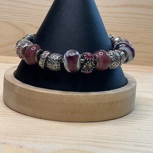 Beaded Bracelet With Burgundy Glass & Silver-Tone Metal Beads Adjustable